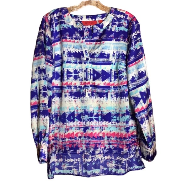 Belle Gray by Lisa Rinna Abstract Bold Bright Watercolor Arrow Blouse Size Small - Picture 1 of 6